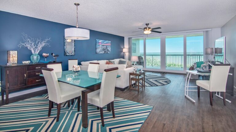 The lliving room of an oceanfront condo in Satellite Beach, Fl